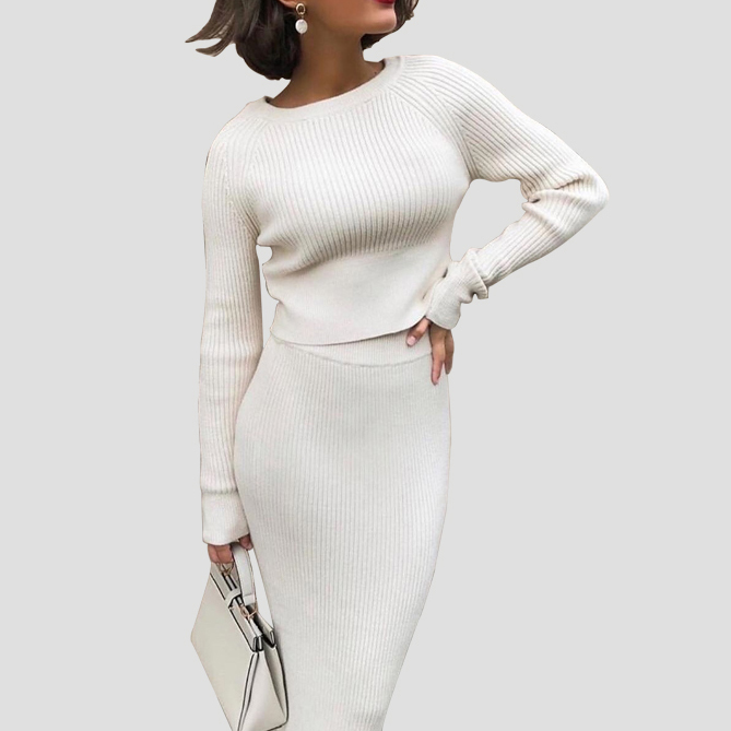 Round Neck Rib knit Sweater Dress Set