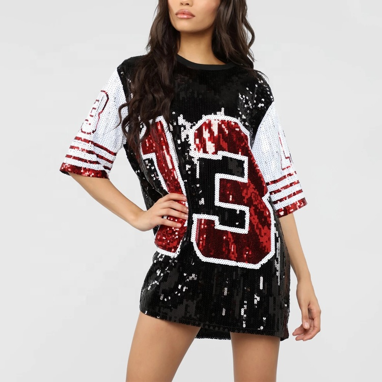 Sparkling Sequin Beaded Jersey Hip Hop T Shirt Dresses