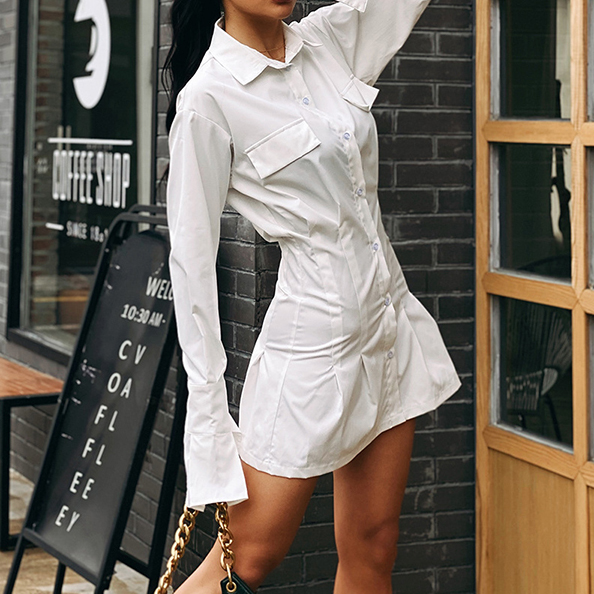 Pleated Gathered Waist Shirt Dress