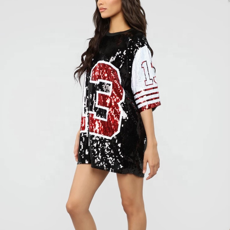 Sparkling Sequin Beaded Jersey Hip Hop T Shirt Dresses