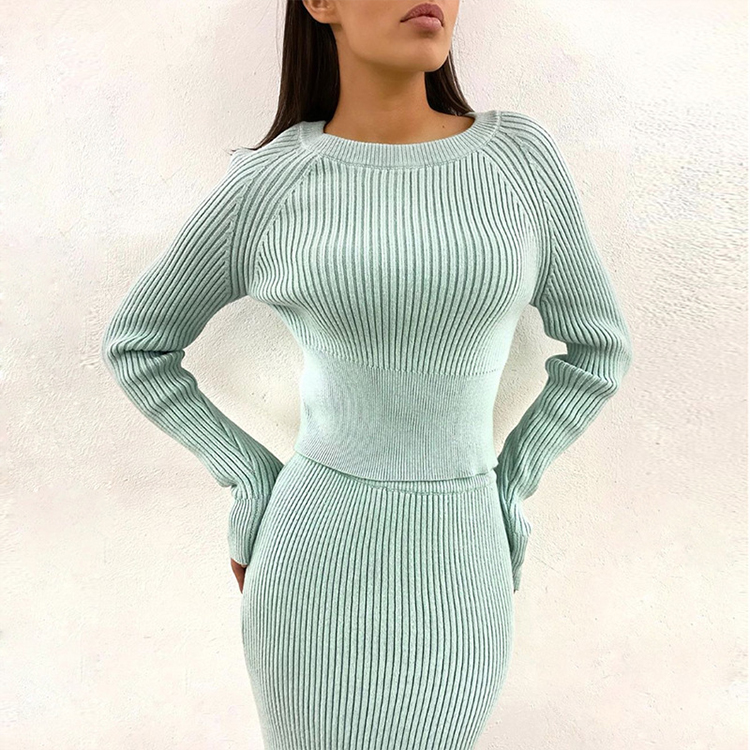 Round Neck Rib knit Sweater Dress Set