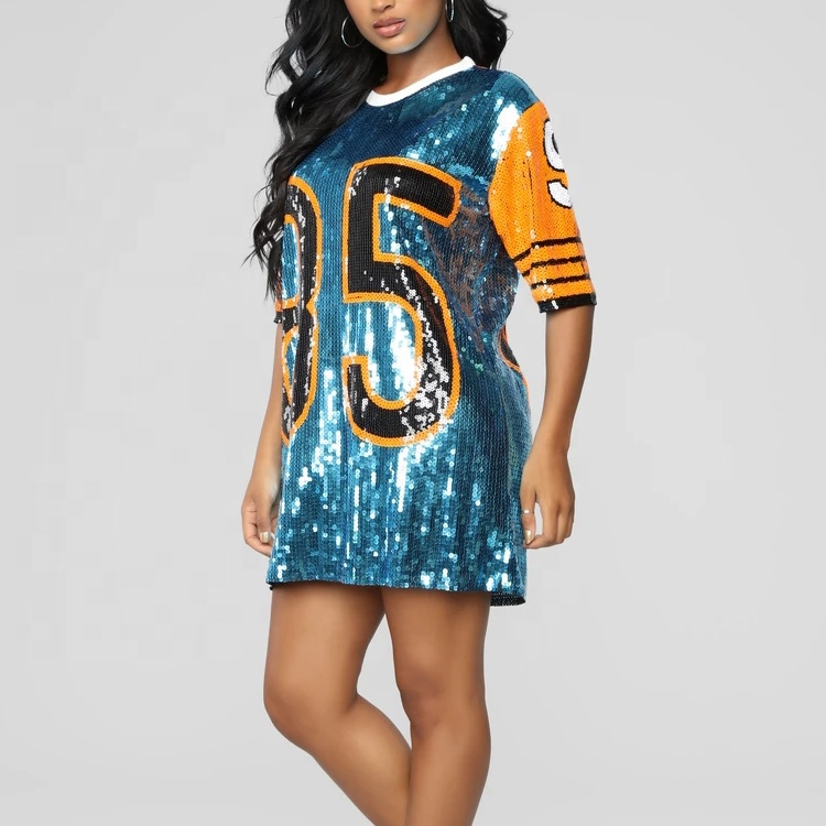 Sparkling Sequin Beaded Jersey Hip Hop T Shirt Dresses