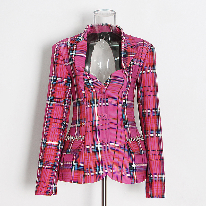 Single-breasted check pattern slim short women’s jacket