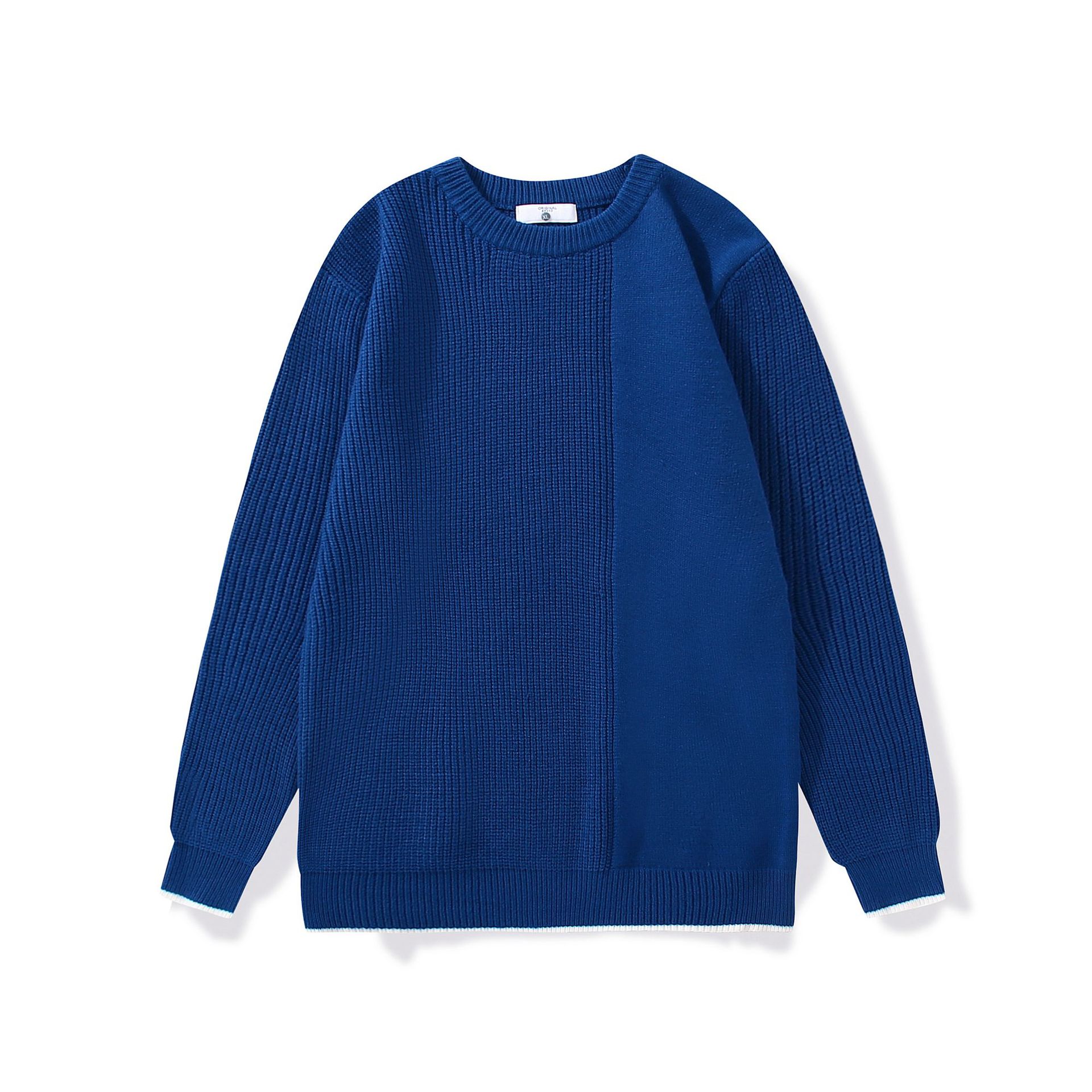 Asymmetrical men’s knitted color-blocking sweater