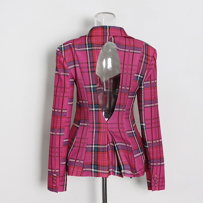 Single-breasted check pattern slim short women’s jacket