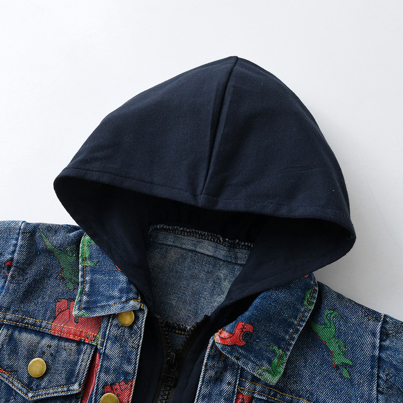 Long-sleeved dinosaur print denim hooded jacket