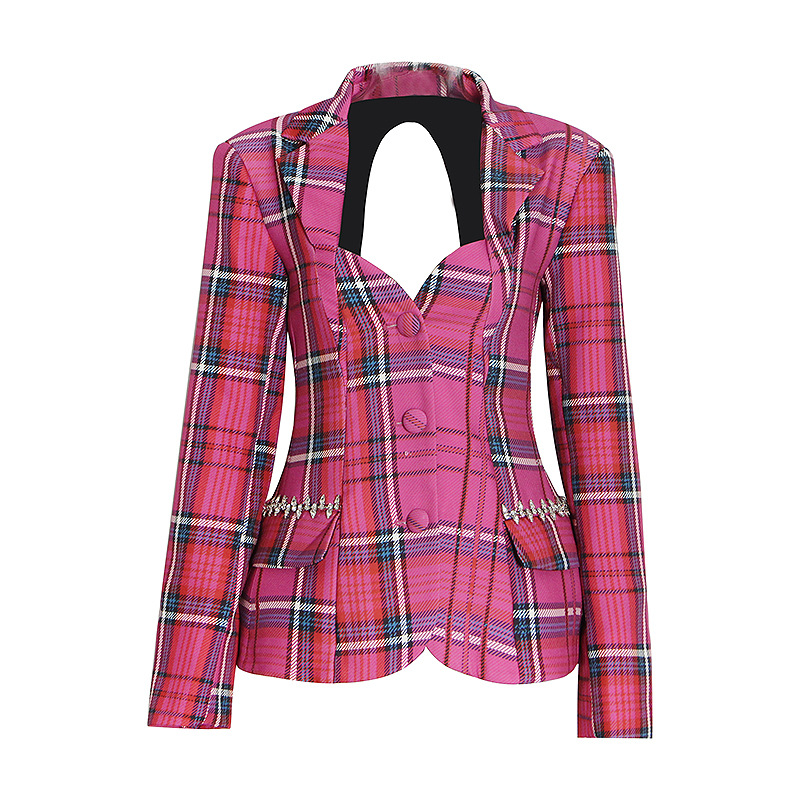 Single-breasted check pattern slim short women’s jacket