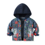 Long-sleeved dinosaur print denim hooded jacket