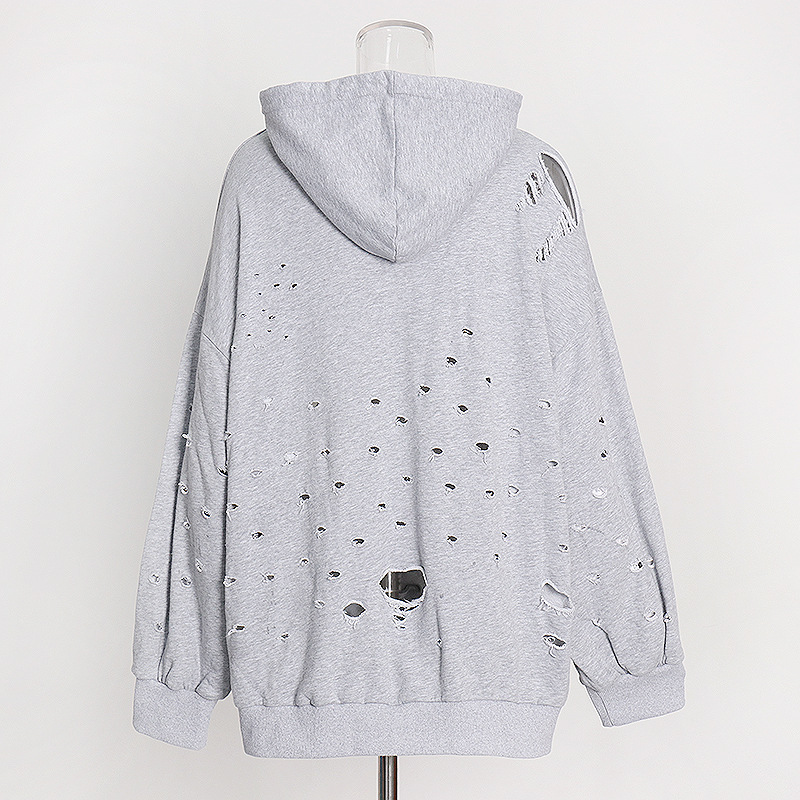 Hooded hole loose pullover sweatshirt