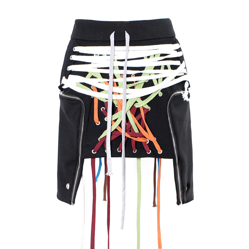 Three-dimensional pockets colorful drawstring half skirt