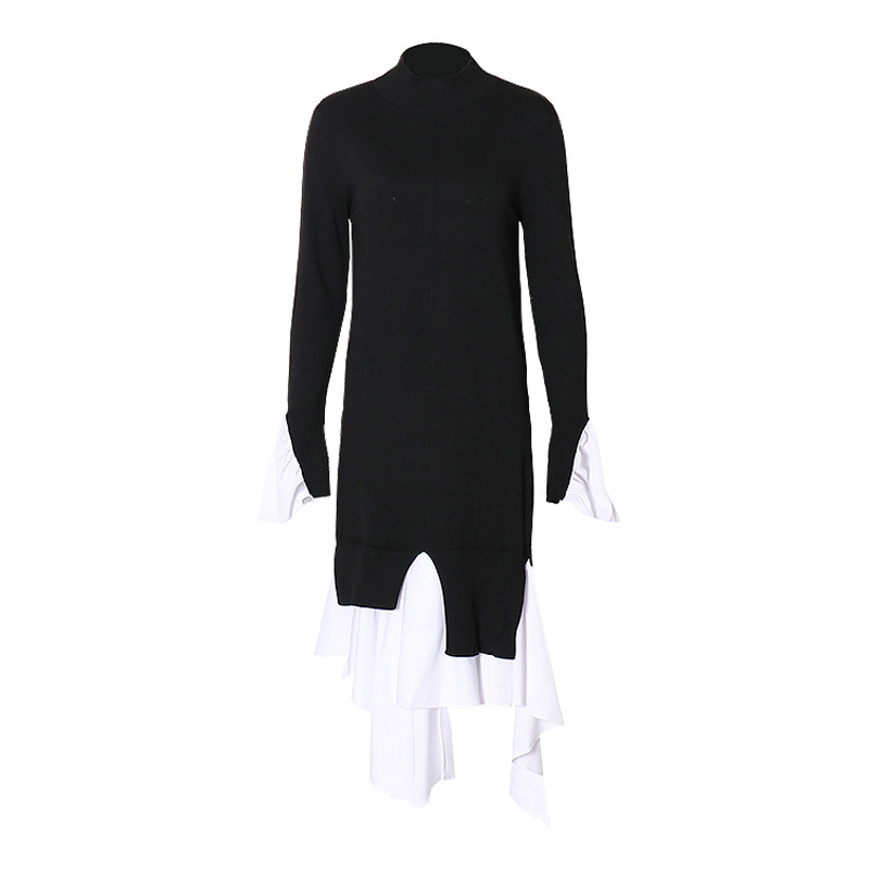 Round neck flared sleeve design irregular mid-length knit dress