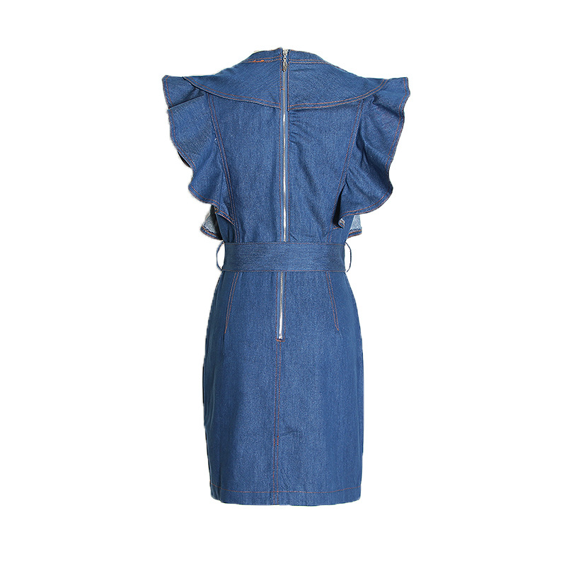 V-neck ruffle sleeveless denim dress