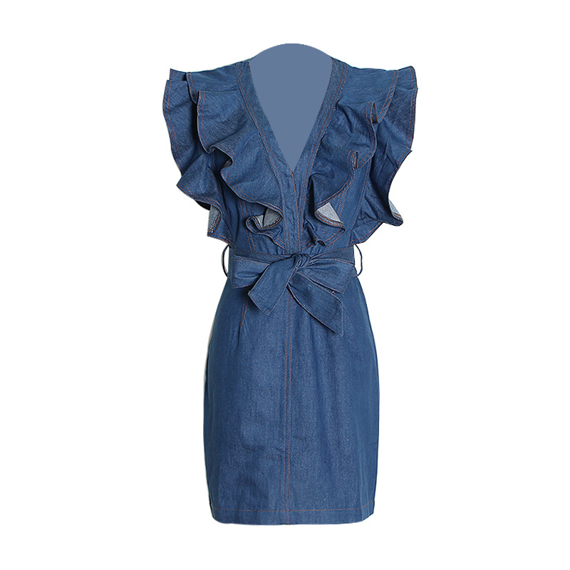 V-neck ruffle sleeveless denim dress