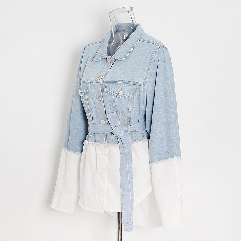 Splicing light-colored denim waist tie shirt jacket