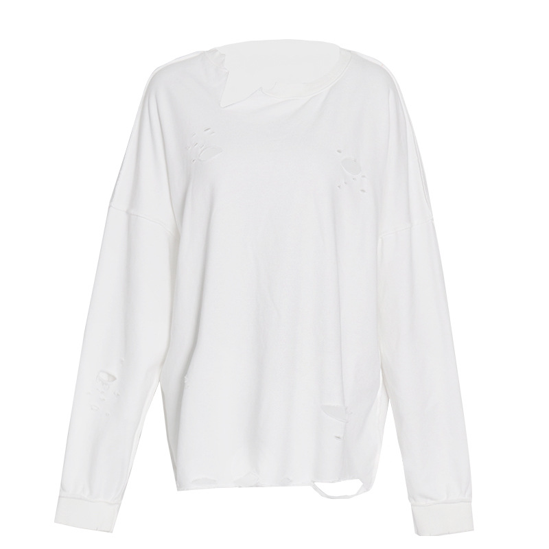 Round neck mid-length long-sleeved torn Sweatshirt