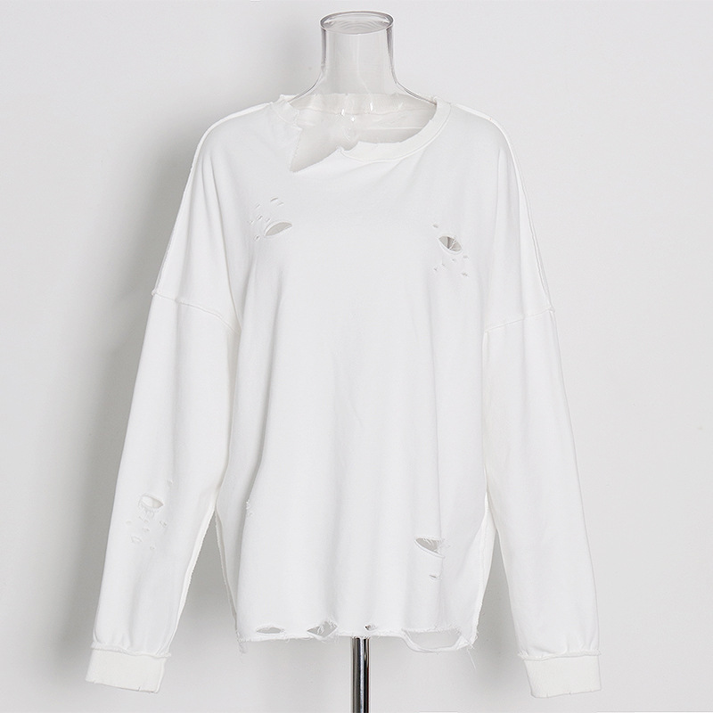 Round neck mid-length long-sleeved torn Sweatshirt