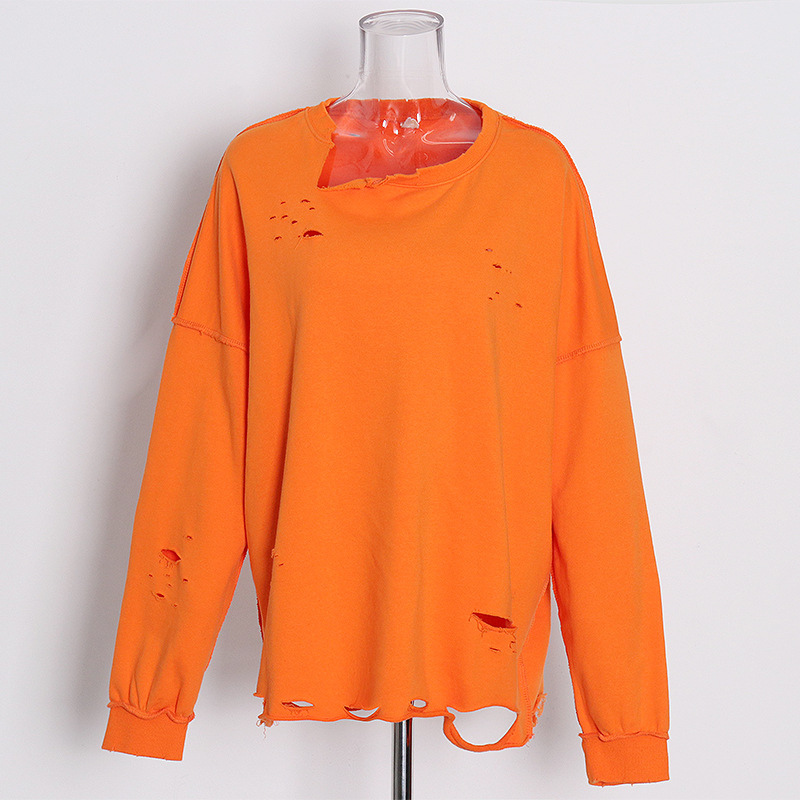 Round neck mid-length long-sleeved torn Sweatshirt