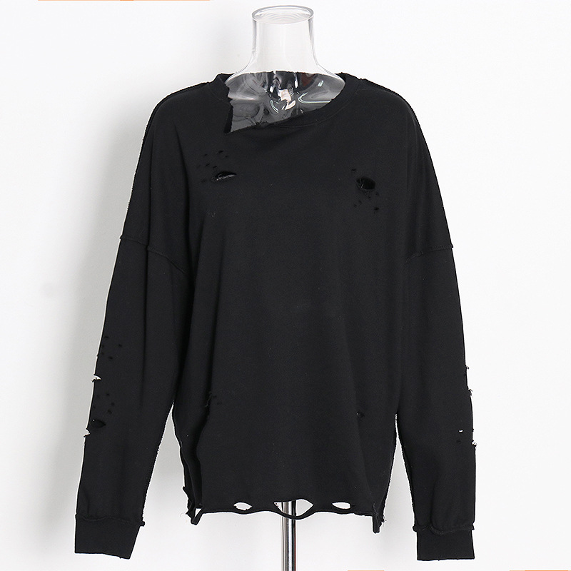 Round neck mid-length long-sleeved torn Sweatshirt