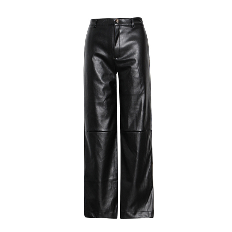 Lapel lacing waist top + high waist wide leg pants PU leather casual suit