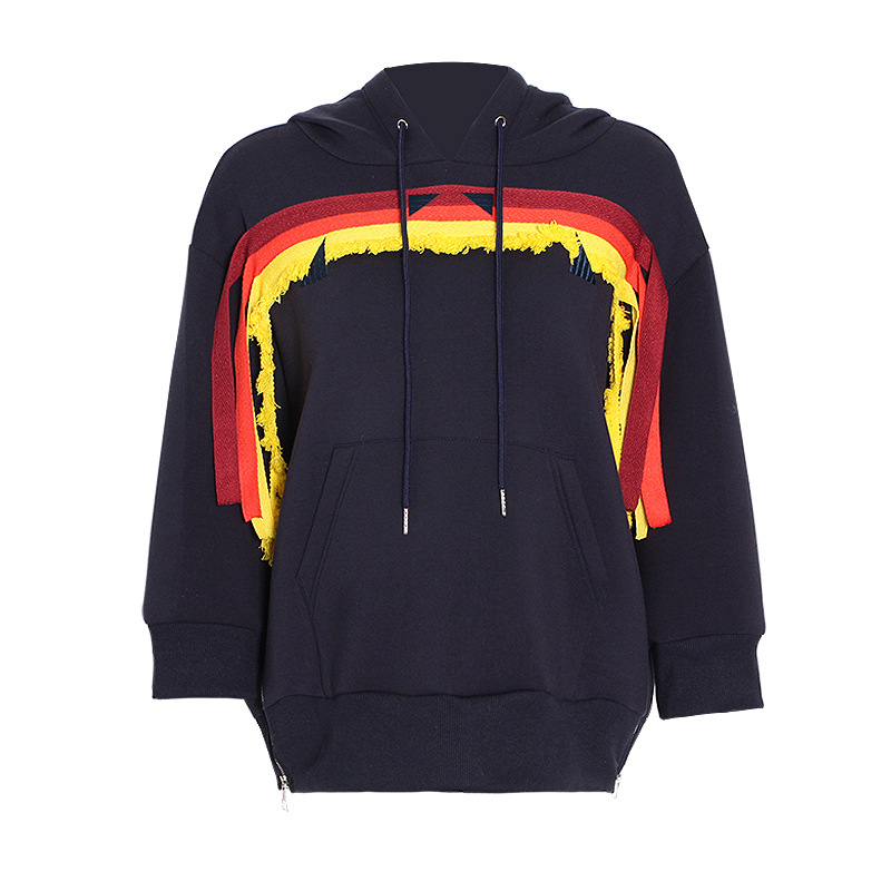 Embroidery stitching double side zipper casual hooded sweatshirt