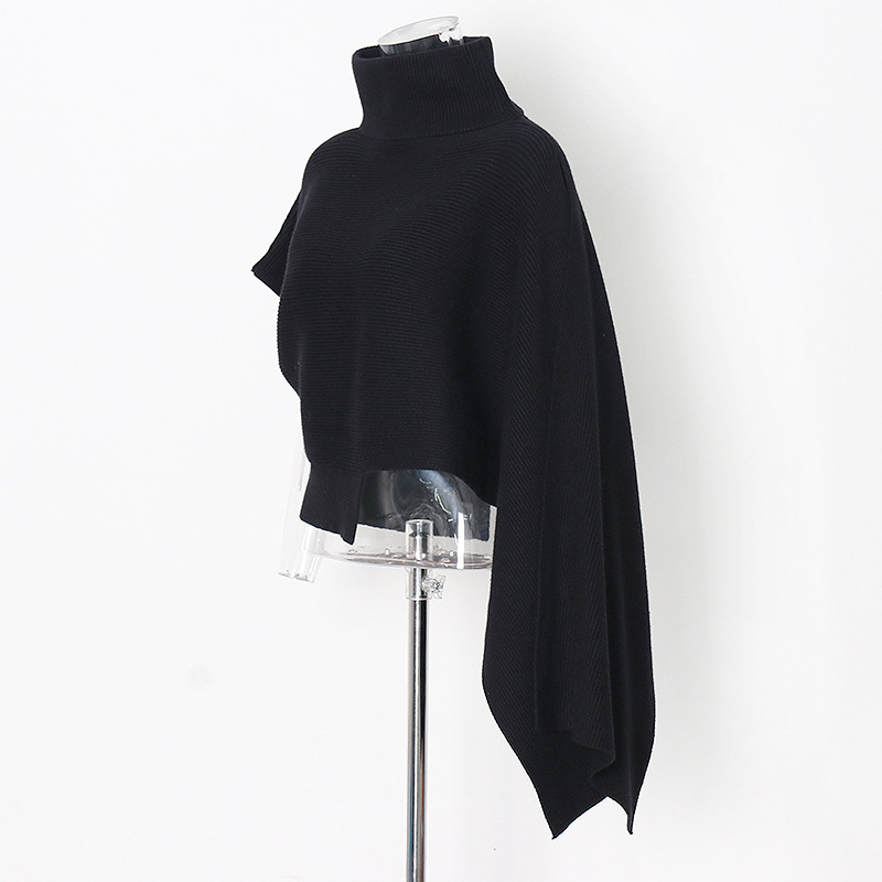 Pullover high neck cape style batwing sleeve loose irregular sweater