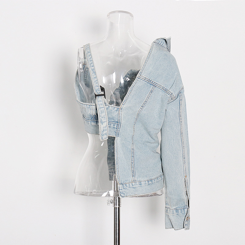 Personalized halter strapless denim asymmetric jacket