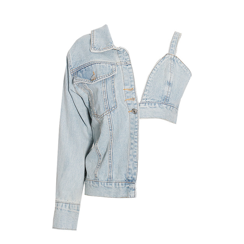 Personalized halter strapless denim asymmetric jacket