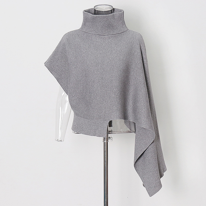 Pullover high neck cape style batwing sleeve loose irregular sweater