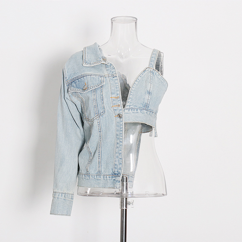 Personalized halter strapless denim asymmetric jacket