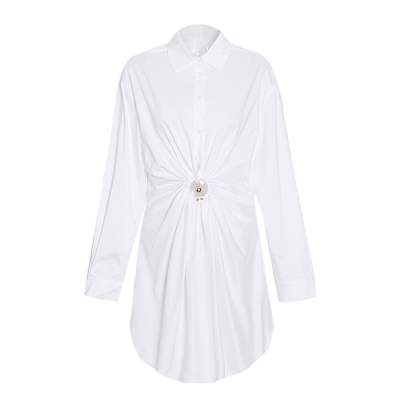 Pleated hollow temperament standing collar shirt dress