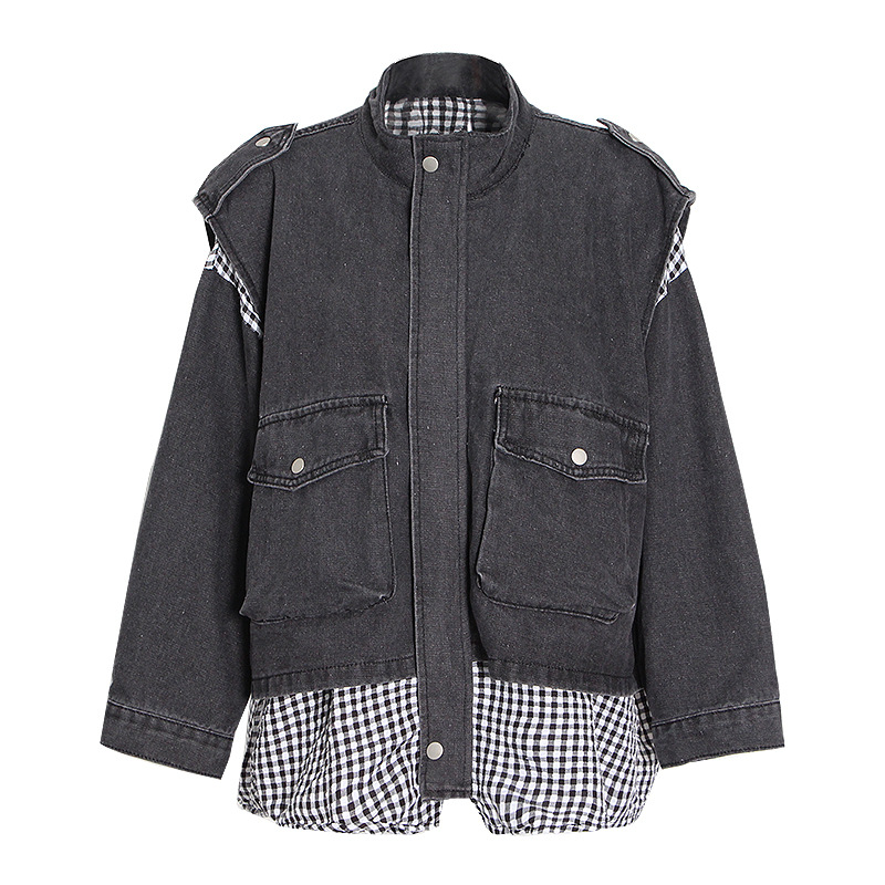 Loose plaid patchwork denim jacket