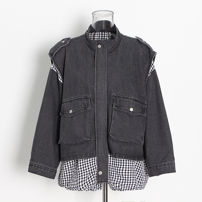 Loose plaid patchwork denim jacket