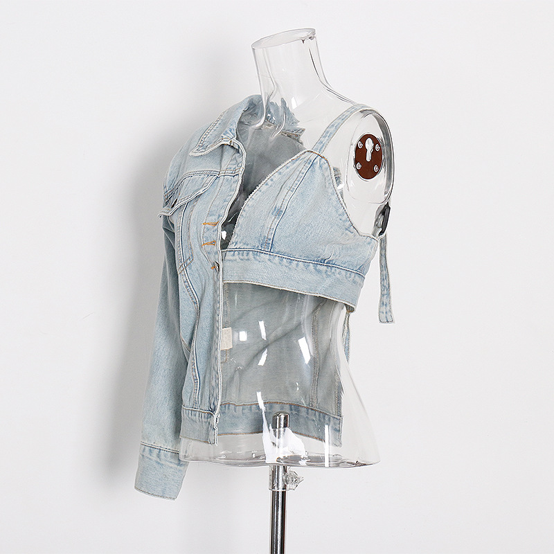 Personalized halter strapless denim asymmetric jacket