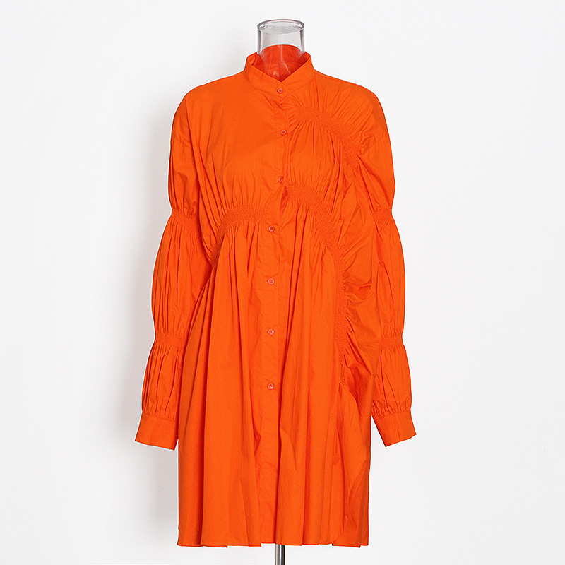 Pleated hollow temperament standing collar shirt dress