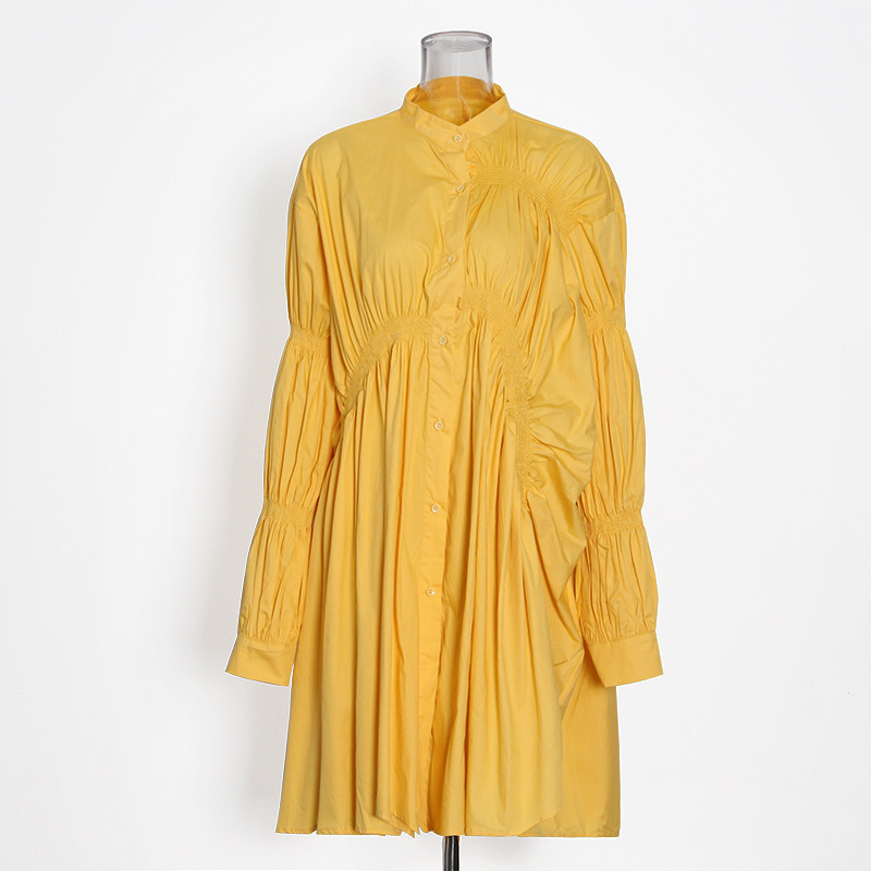 Pleated hollow temperament standing collar shirt dress