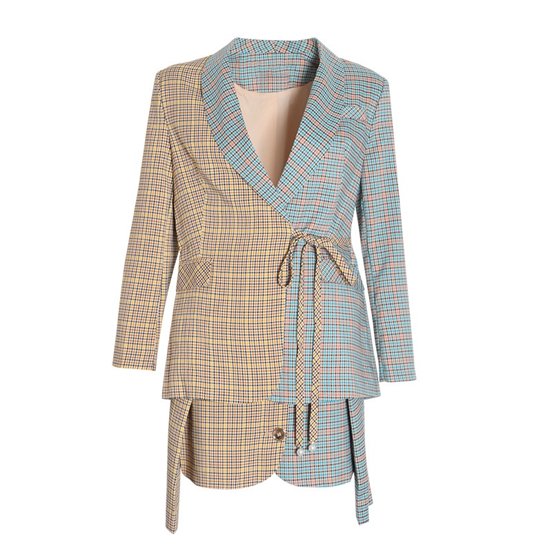 Plaid temperament blazer + personality lacing A-line half-body skirt