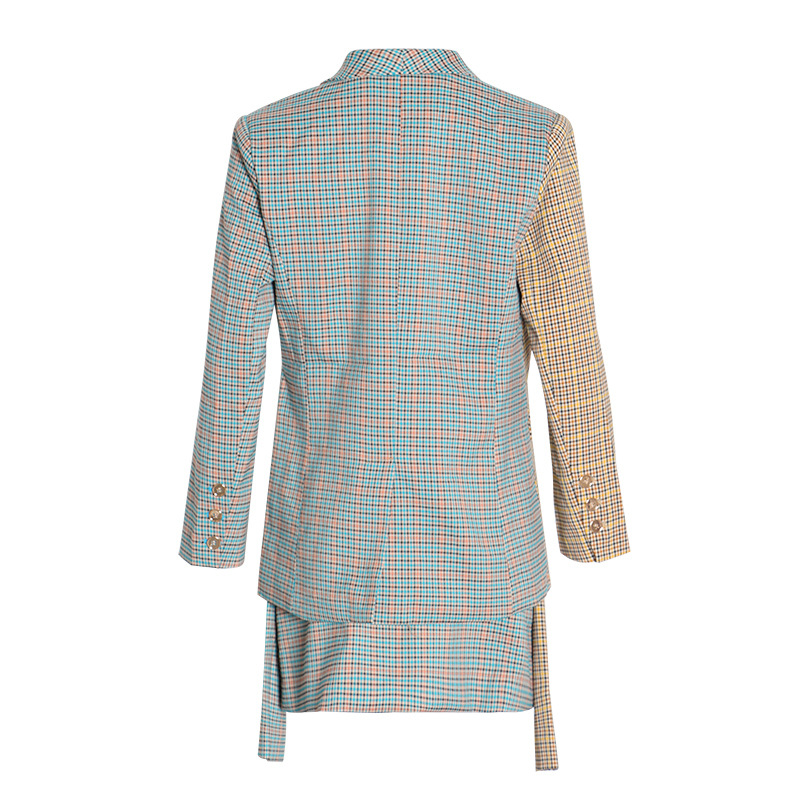 Plaid temperament blazer + personality lacing A-line half-body skirt