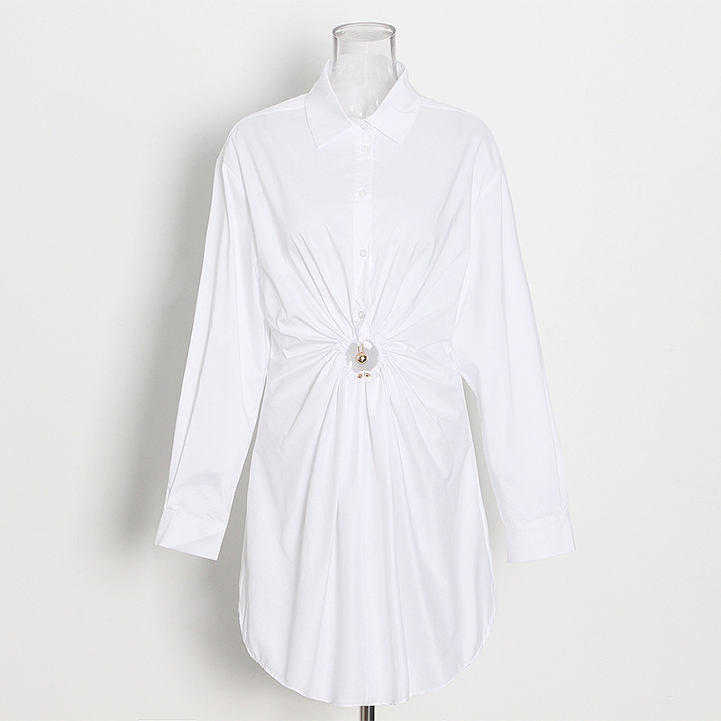 Pleated hollow temperament standing collar shirt dress