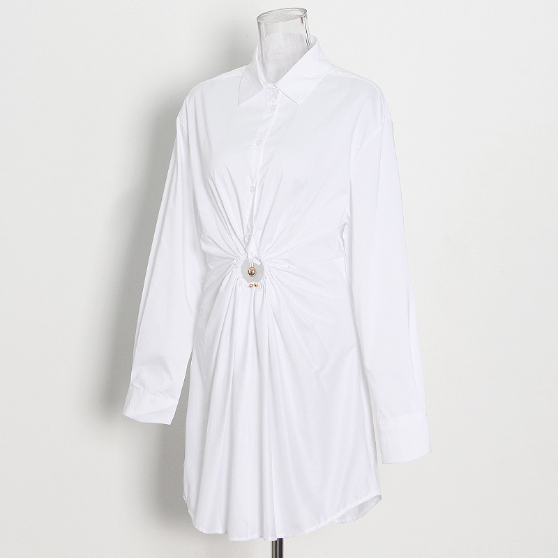 Pleated hollow temperament standing collar shirt dress