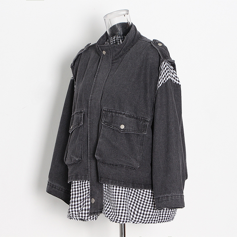 Loose plaid patchwork denim jacket