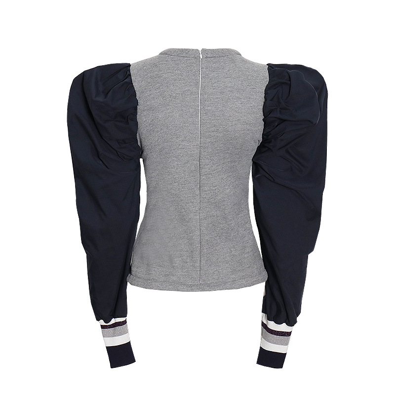 Zipper round neck bubble long sleeve slim fleece shirt collision color Sweatshirt