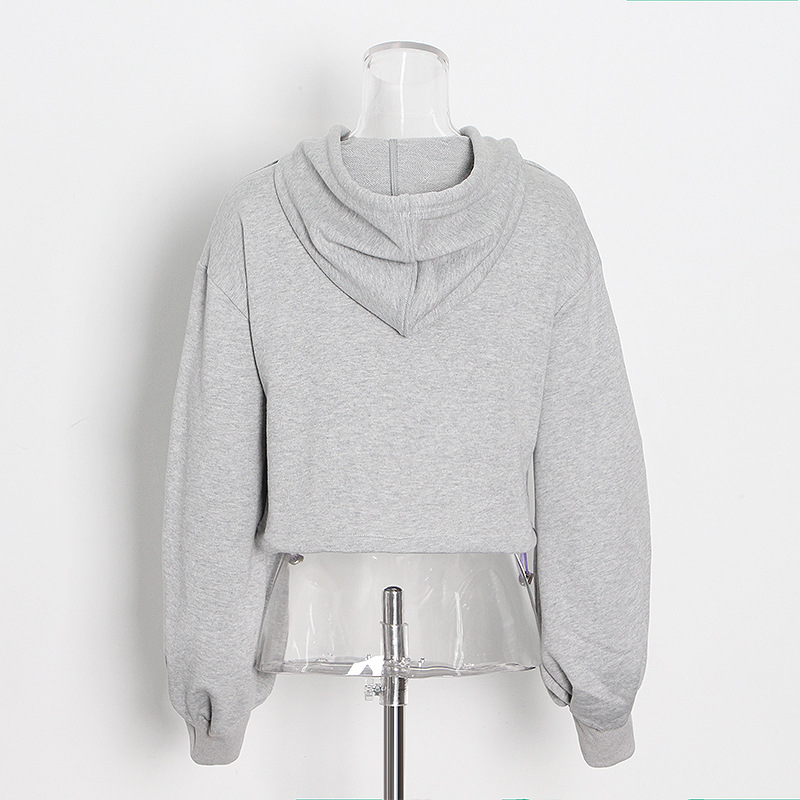 Solid color sweatshirt hollow fake two pieces set head long sleeve short section