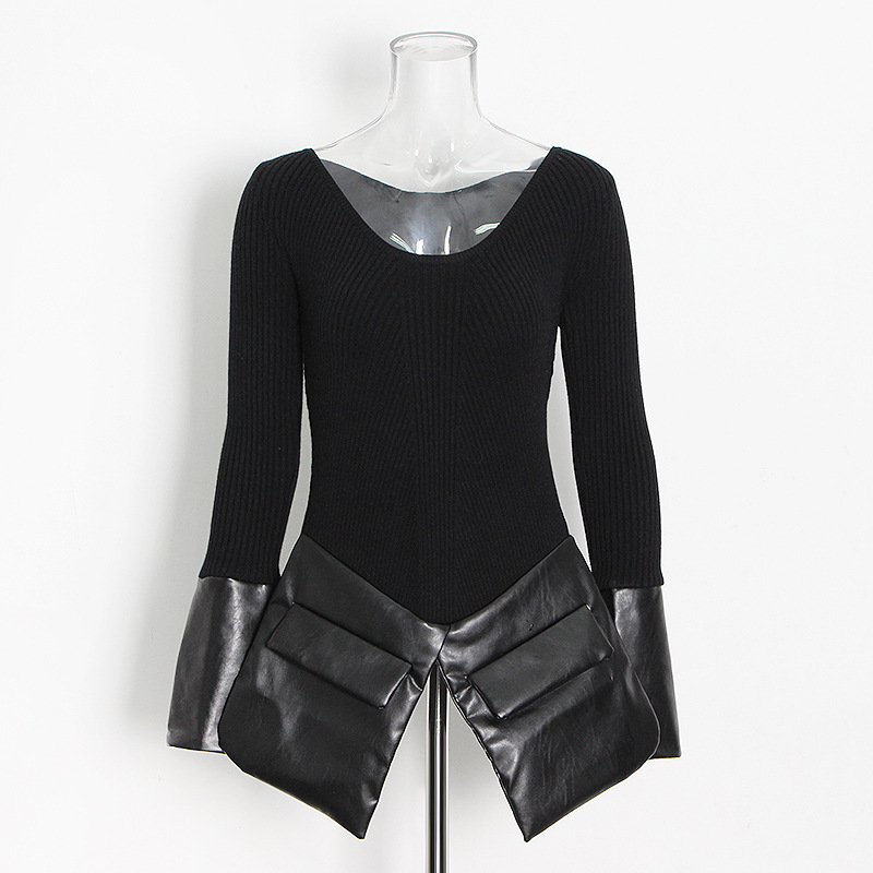 Irregular patchwork knitted leather crew neck sweater