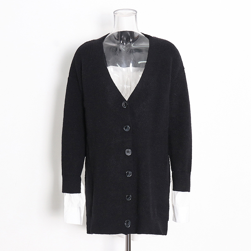 Fashion V-neck long sleeve splicing cardigan sweater jacket