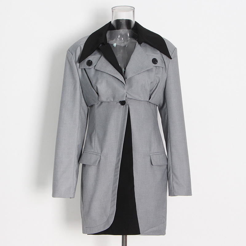 Lapel collar collision color stitching removable long sleeve pocket jacket