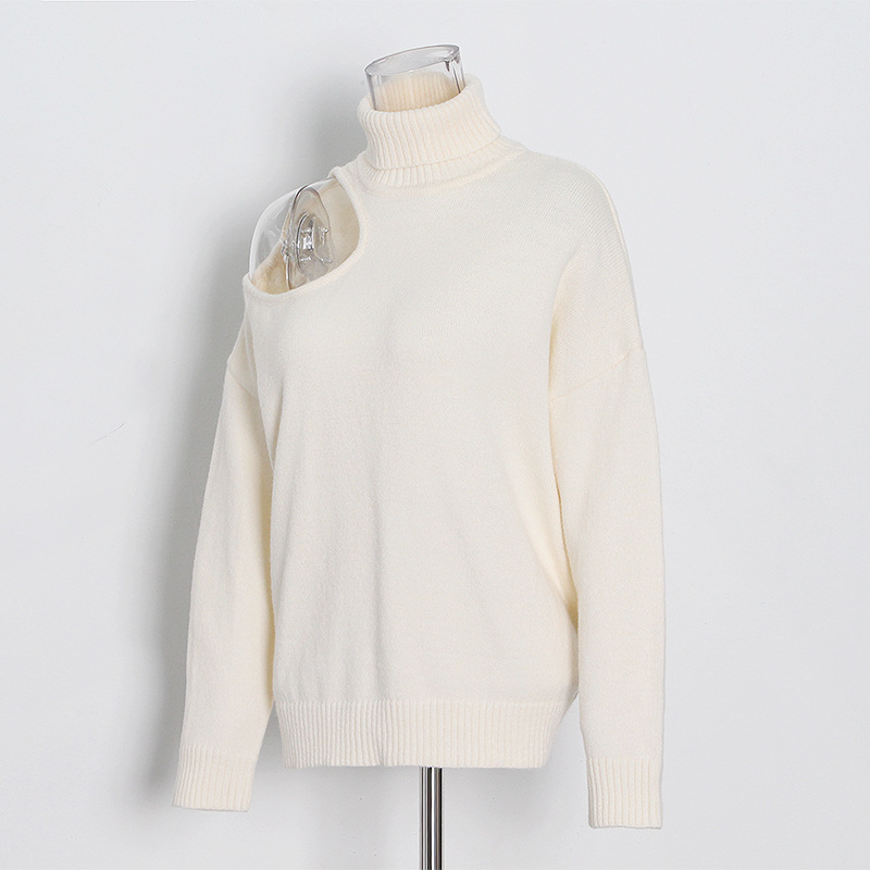 Strapless solid color high neck Long-sleeved loose knit sweater