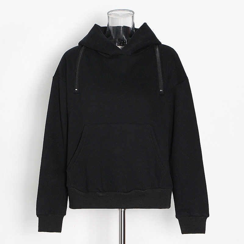 Zipper hooded solid color loose sweatshirt