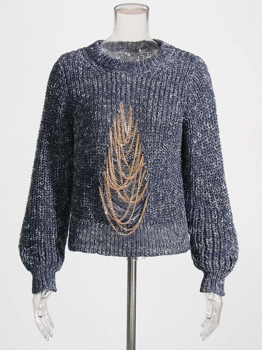 Pullover long sleeve torn chain sweater