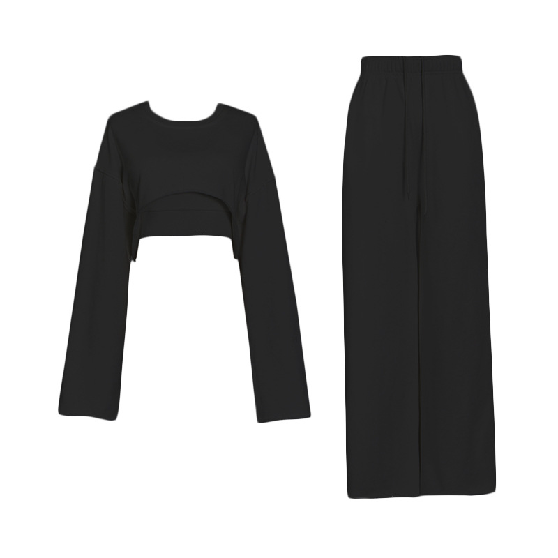 Slim undershirt + patchwork round neck pullover sweater + high waist wide leg pants