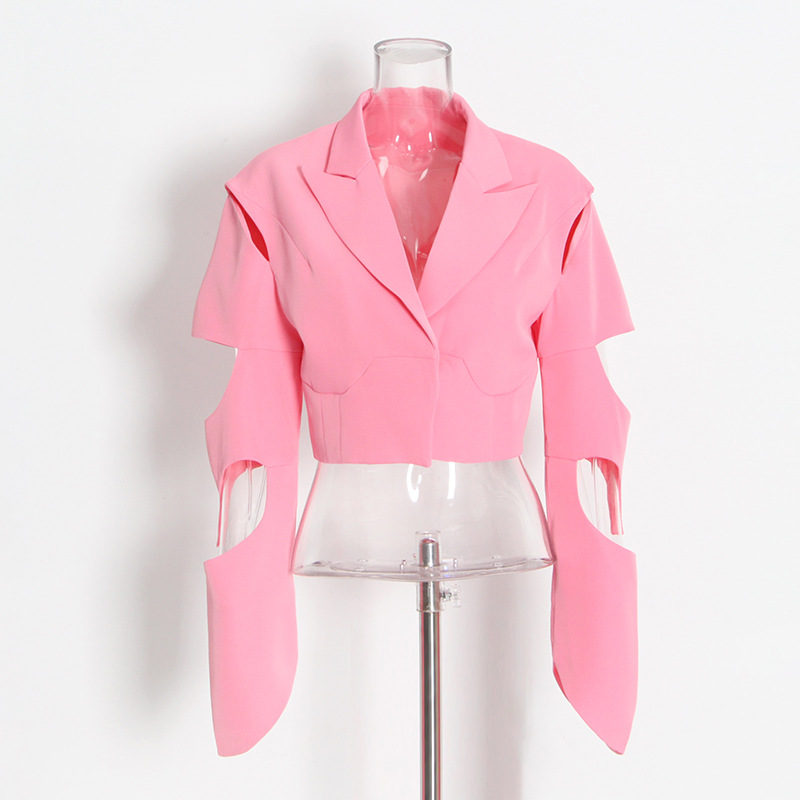 Irregular split hollow long sleeve short jacket